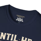 Christian T‑Shirt - "Until He Returns, Keep The Faith" Cross & Flames Faith Tee