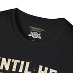 Christian T‑Shirt - "Until He Returns, Keep The Faith" Cross & Flames Faith Tee