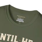 Christian T‑Shirt - "Until He Returns, Keep The Faith" Cross & Flames Faith Tee
