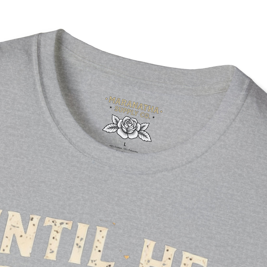 Christian T‑Shirt - "Until He Returns, Keep The Faith" Cross & Flames Faith Tee