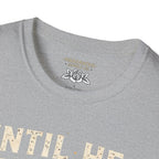 Christian T‑Shirt - "Until He Returns, Keep The Faith" Cross & Flames Faith Tee