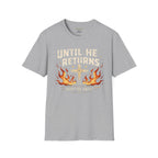 Christian T‑Shirt - "Until He Returns, Keep The Faith" Cross & Flames Faith Tee