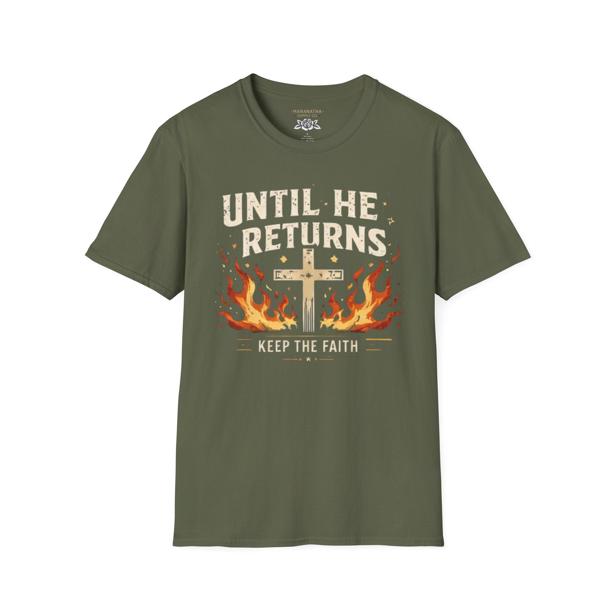 Christian T‑Shirt - "Until He Returns, Keep The Faith" Cross & Flames Faith Tee