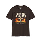 Christian T‑Shirt - "Until He Returns, Keep The Faith" Cross & Flames Faith Tee