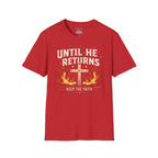Christian T‑Shirt - "Until He Returns, Keep The Faith" Cross & Flames Faith Tee